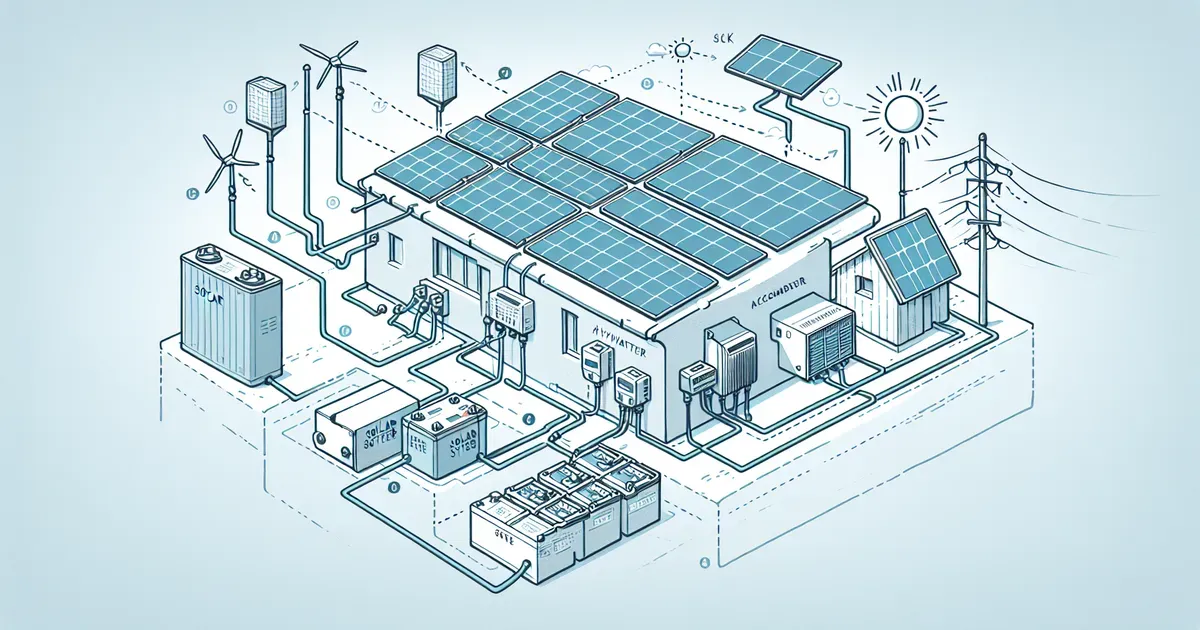 Schema di un impianto fotovoltaico con inverter ibrido collegato a pannelli solari e batteria di accumulo