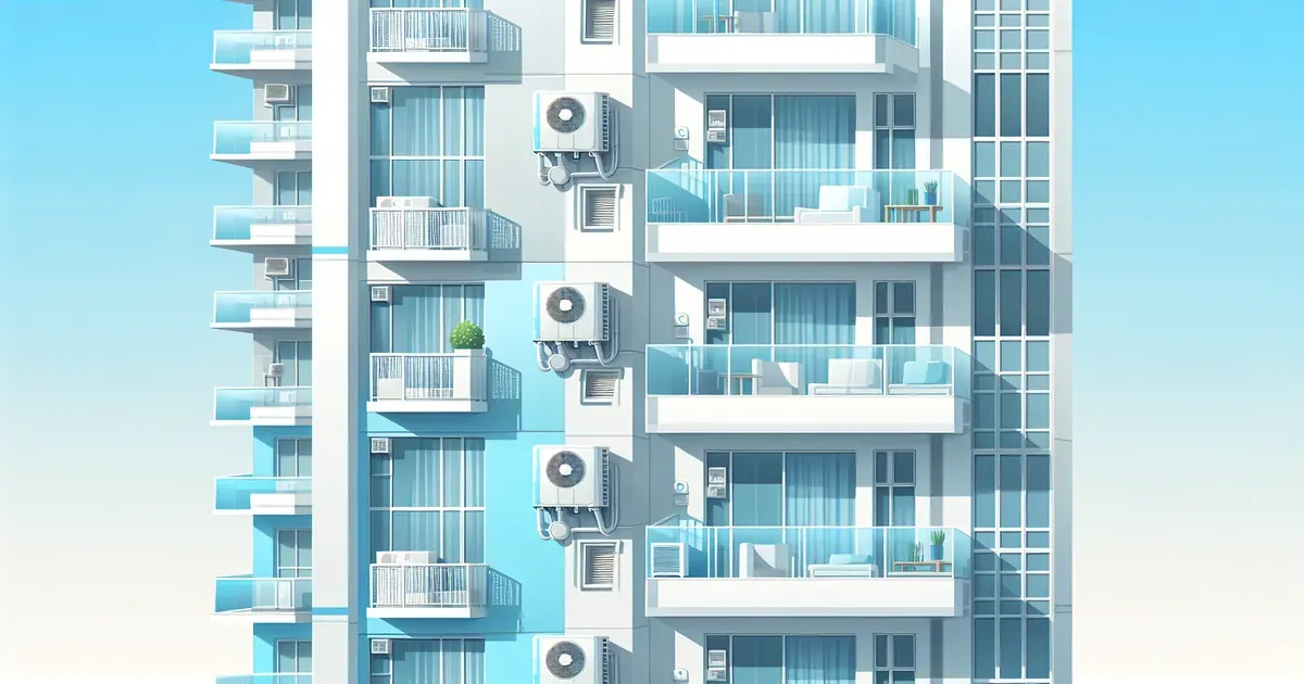 Edificio condominiale con unit&agrave; esterne di pompe di calore installate sui balconi