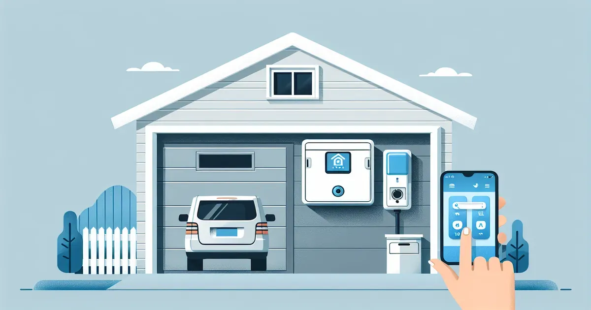 Wallbox smart installata in un garage domestico con interfaccia di controllo tramite smartphone